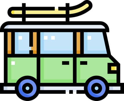 A green van with a surfboard on top vector