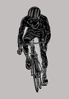 Sketch man riding bicycle front view illustration. Drawing silhouette. vector