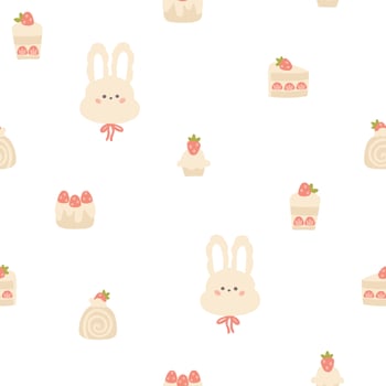 Preppy hare rabbit with sweet strawberry desserts seamless pattern. cute cartoon hand drawn vintage illustration. Ideal for textile printing, baby clothes, wallpaper, packaging, scrubbing vector