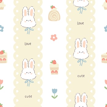 Preppy rabbit bunny and sweet various desserts with strawberries lacy seamless pattern. cute cartoon hand drawn vintage illustration. for textile printing, baby clothes, wallpaper, scrubbing. vector