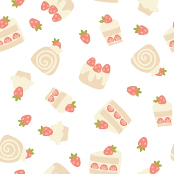 Preppy sweet various desserts with strawberries seamless pattern. cute cartoon hand drawn vintage illustration. Ideal for textile printing, baby clothes, wallpaper, packaging, scrubbing vector