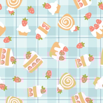 Preppy sweet strawberry desserts frame seamless pattern on Gingham background. cute cartoon hand drawn vintage illustration. baby clothes, wallpaper, packaging, scrubbing vector