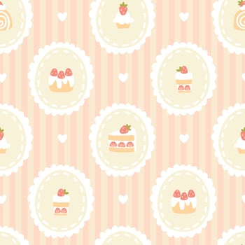 Preppy sweet strawberry desserts frame seamless pattern on striped background. cute cartoon hand drawn vintage illustration. textile printing, baby clothes, wallpaper, packaging, scrubbing vector