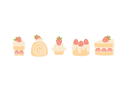 Preppy sweet various desserts with strawberries collection. set of cute cartoon hand drawn vintage illustration. Ideal for textile printing, baby clothes, wallpaper, packaging, scrubbing. vector