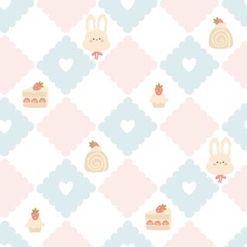 Preppy bunny rabbit with desserts with strawberries lace geometric seamless pattern in rhombus with hearts. cute cartoon hand drawn vintage illustration. for textile printing, baby clothes. vector