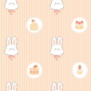 Preppy hare rabbit with sweet strawberry desserts frame seamless pattern on vertically striped. cute cartoon hand drawn vintage illustration. baby clothes, wallpaper, packaging, scrubbing. vector