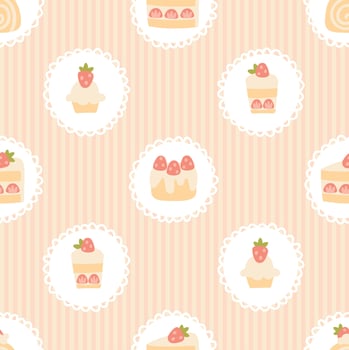 Preppy sweet strawberry desserts frame seamless pattern on striped background. cute cartoon hand drawn vintage illustration. textile printing, baby clothes, wallpaper, packaging, scrubbing. vector