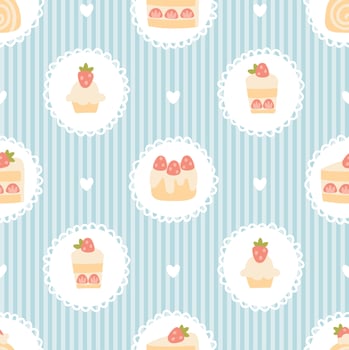 Preppy sweet strawberry desserts frame seamless pattern on striped background. cute cartoon hand drawn vintage illustration. textile printing, baby clothes, wallpaper, packaging, scrubbing. vector