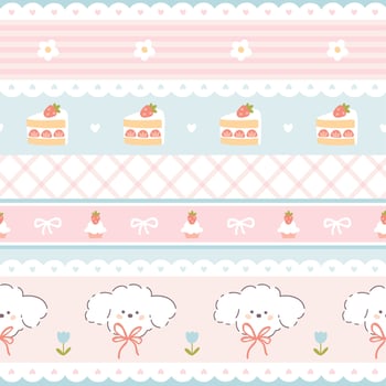 Preppy puppy dog and sweet various desserts with strawberries lacy seamless pattern. cute cartoon hand drawn vintage illustration. for textile printing, baby clothes, packaging, scrubbing. vector