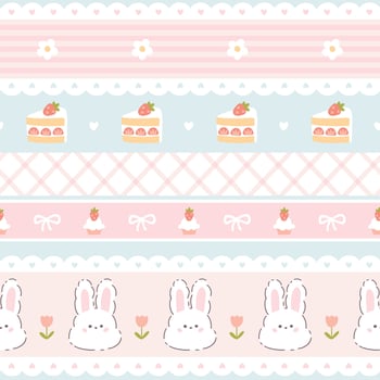 Preppy rabbit bunny and sweet various desserts with strawberries lacy seamless pattern. cute cartoon hand drawn vintage illustration. for textile printing, baby clothes, packaging, scrubbing. vector