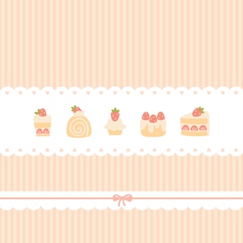 Preppy sweet various desserts with strawberries lacy postcard. cute cartoon hand drawn vintage illustration on vertically striped background in a retro pastel palette. vector