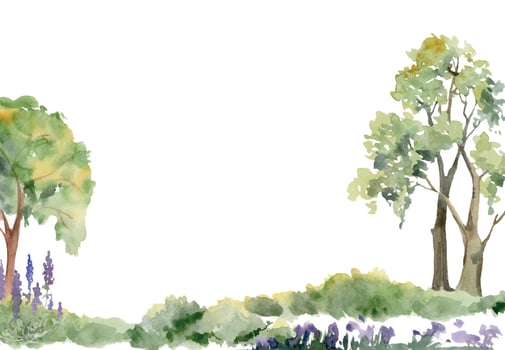 Scenery landscape of northern forest meadow grassland with bushes flowers, lush green foliage tree, hand drawn in watercolor. Seamless banner for tourism, resort ads, hiking camping sites, vacation. vector
