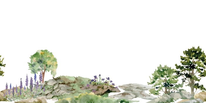 Scenery landscape of forest meadow grassland with bushes flowers, pine tree alpine vista rocks stones hand drawn in watercolor. Seamless banner for tourism, resort ads, hiking camping sites, vacation. vector