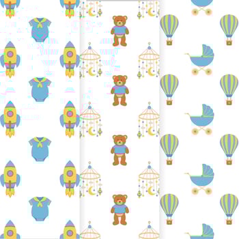 Baby shower set of seamless patterns. It's a boy. Seamless patterns with overalls, rocket, air balloon, baby carriage, carousel pendant, teddy bear toy. vector