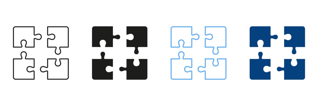Jigsaw Square Pieces Match Line and Silhouette Icon Set. Puzzle Challenge, Teamwork, Logic Game, Idea Sign. Combination Solution Icon. Editable Stroke. Isolated Illustration vector