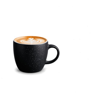Modern speckled ceramic mug with a matte black glaze filled with a creamy pumpkin spice png