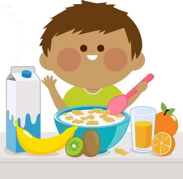 Little boy having breakfast with milk, cereal and fruits. Child eating at home in the kitchen. vector