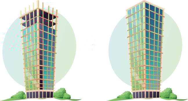 Tall building under construction and finished. Construction site concept. Set of illustrations in cartoon style isolated on white background. vector