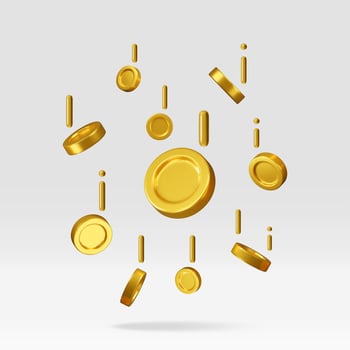 3d falling gold coins, money rain. Render golden coins vector