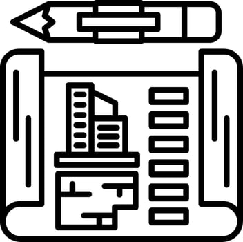 A black and white line drawing of a pencil and a building vector