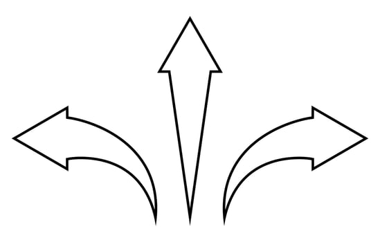 arrow shape symbol set - pointed arrow pointing to the left, right and straight forward, black and white silhouette illustration, isolated on white background vector