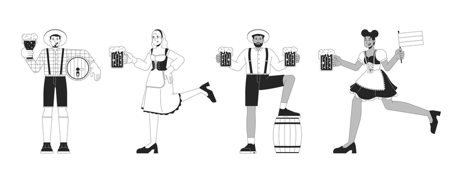 Multicultural adults celebrating oktoberfest black and white 2D line characters set. Young men and women enjoying beer feast isolated outline people. Monochrome spot illustrations collection vector