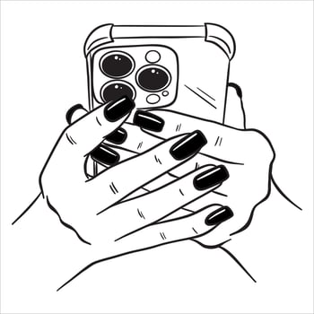 Female hands hold the phone to comfortably look at the screen. Illustration on a white background in line style. vector