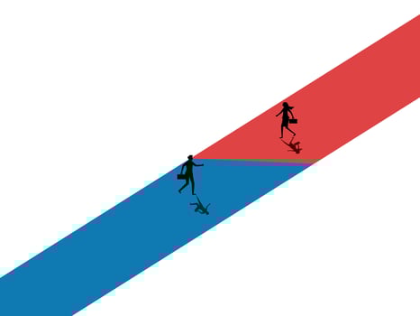 a man and woman are walking on a red and blue line vector