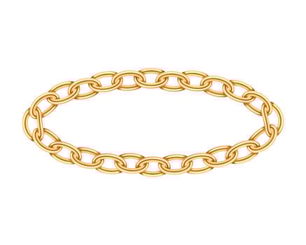 Realistic gold circle frame chain texture. Golden round chains link isolated on white background. Jewelry chainlet three dimensional design element. vector