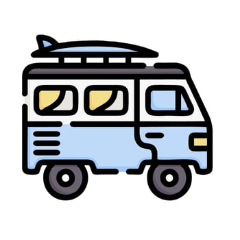 A van with a surfboard on top of it vector