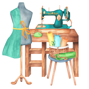 Sewing machine, a basket with fabric rolls, measuring tape, pincushion, mannequin, scissors. Tailoring. Dressmaking clipart. Hand-drawn watercolor illustration png