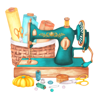 Sewing machine, fabric rolls in the basket, pincushion, scissors, measuring tape, pins, sewing threads, thimble. Hand-drawn watercolor illustration png