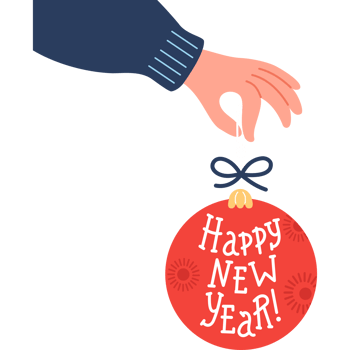 Hand holding red Christmas ball with lettering Happy New Year png