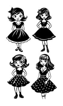 Four girls in polka dot dresses, black and white vector