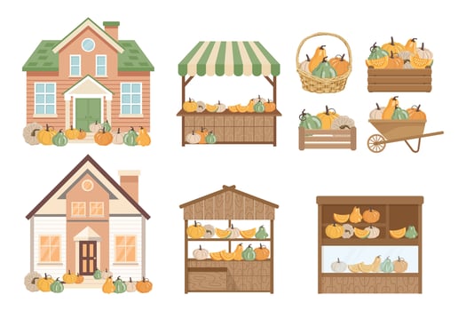 Set of autumn decorative elements with pumpkins. Houses, street stalls, boxes, basket and wheelbarrow with pumpkins. Collection of cute illustrations vector