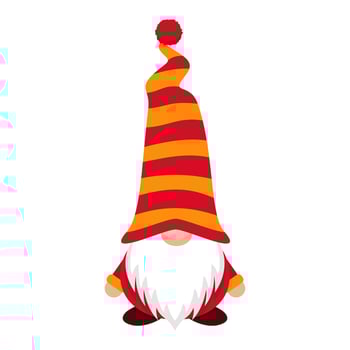 Holiday gnome in striped long cap. Festive new years character in red yellow hat covering his eyes with white beard as cute scandinavian symbol vector