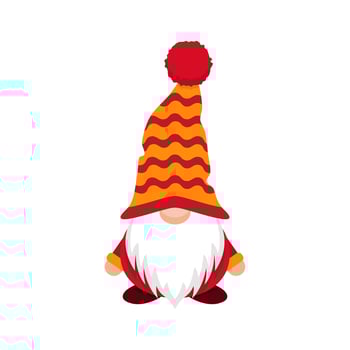 Cute winter gnome in striped long cap. Funny new years character in red yellow hat covering his eyes with white beard vector