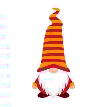Festive gnome in striped long cap. Funny new years character in red yellow hat covering his eyes with white beard vector