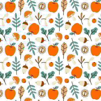 Autumn hand drawn elements seamless pattern. Fall season scrapbooking colorful icons repeat on white. vector