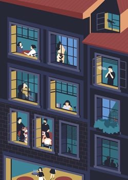 Facade of building with opened windows and people living inside. Men and women eating, smoking, reading, talking in their apartments. Concept of neighbors and neighborhood. illustration. vector