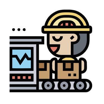 A cartoon man in a hard hat and helmet is working on a computer vector