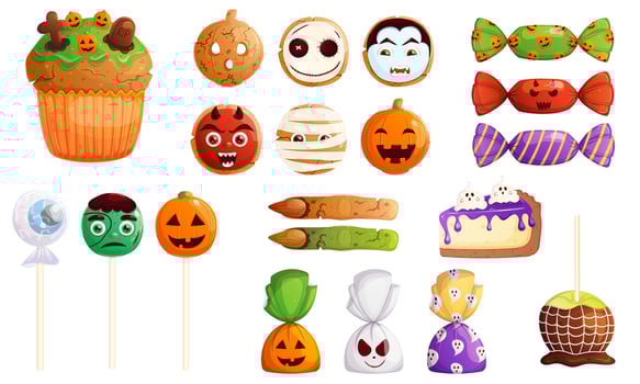 Halloween cartoon sweets set. Spooky pastry, cupcake, candy, cake, lollipop isolated on white. vector