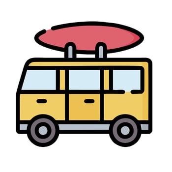 A yellow van with a surfboard on top vector