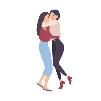 Two young women dressed in modern clothes smiling and hugging. Happy meeting of close friends. Female cartoon characters isolated on white background. Colored illustration in flat style. vector