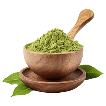 Ceremonial matcha green tea powder inside a crafted wooden bowl on clear background png