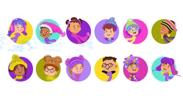 Happy cartoon children. Set of winter portrait avatars. Flat illustration. vector
