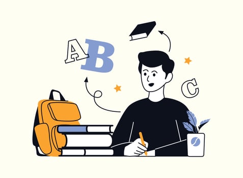A young man is sitting at a desk, writing with a pencil. He has a backpack, books, and a coffee cup nearby. The letters A, B, and C float around his head, suggesting he's focused on learning and educa vector