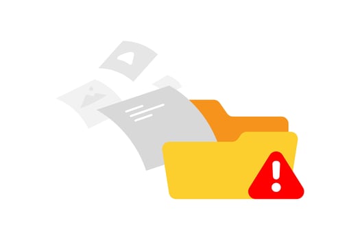 folder files flying out, risk of data loss due to absence of proper backups. for data management, cloud storage, or system security. regular data backup to avoid accidental corruption vector