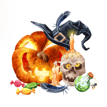 Illustration on the theme of Halloween Watercolour with Helloween' atributes png