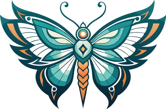 Colorful green and orange butterfly with detailed wings in decorative illustration style vector